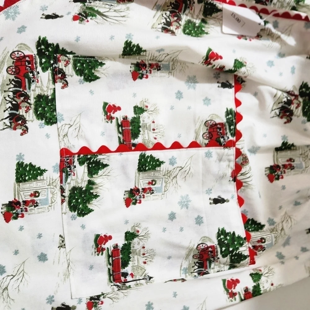 Handmade Vintage Style Christmas Apron White Red Green Rick Rack Trim Large